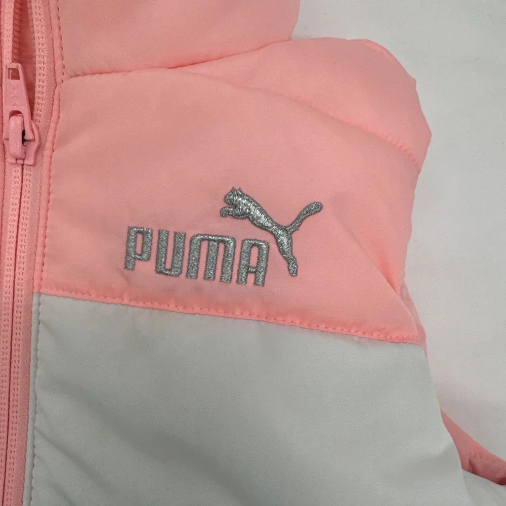 Bright Pink Puma Puffer Vest Girls Size 7/8 Silver Logo Zip Up